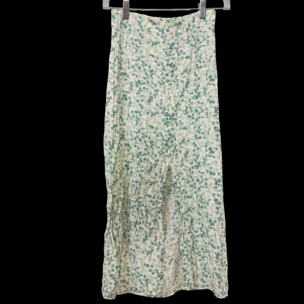 H&M Size 2 Green Botanical Midi Skirt Button Front Cottagecore Romantic Boho